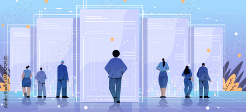 Job applicants recruitment process diverse business people standing in front of large digital resumes futuristic office environment blue abstract background