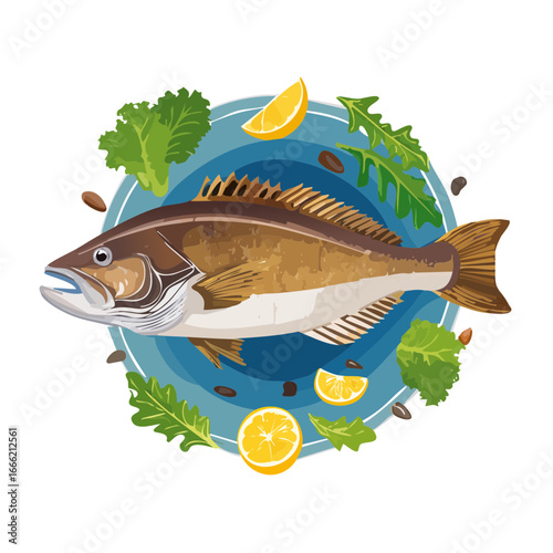 Freshwater Fish Illustration with Greens and Lemon Slices on Blue Plate Design