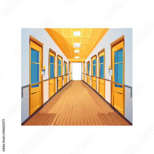Cartoon hallway illustration with doors on either side leading to bright light illustration