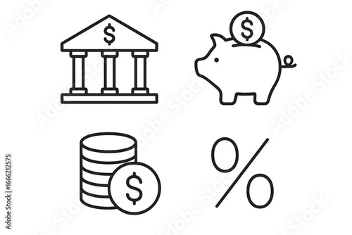 Financial icons: bank, piggy bank, coins, and percentage symbol
