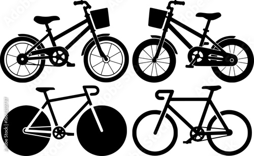Four different bicycle silhouettes including a road bike a commuter bike and kids bikes with various frame styles design set