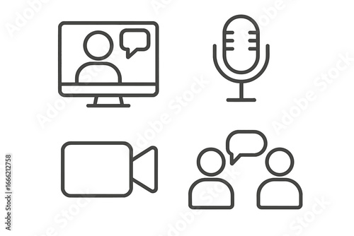 Video conferencing and communication icons set featuring microphone and chat symbols
