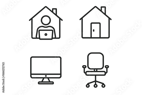 Home office icons: remote work setup with technology and comfort elements