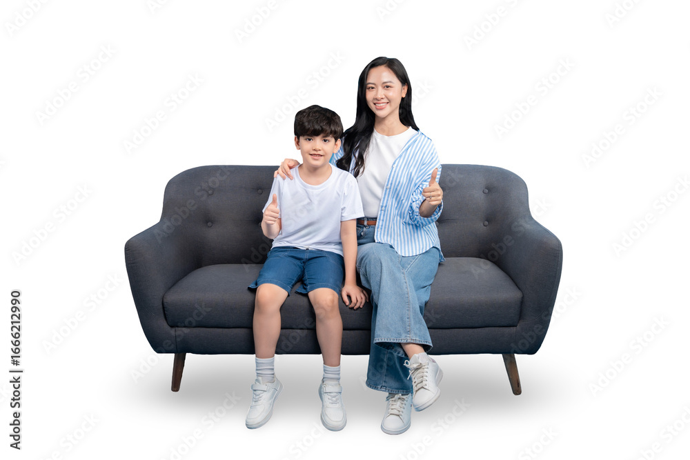 Obraz premium Mother and child sitting on a gray sofa. The woman and child give a thumbs up on PNG background