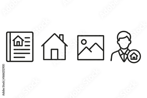 Real estate icon set featuring house, document, landscape, and person symbols