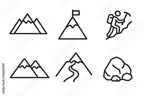 Mountain icon set: climbing, hiking, peak, rock, landscape symbols