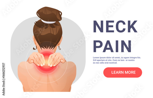 Neck pain woman touching sore area back view highlighted red spot health problem concept modern medical banner