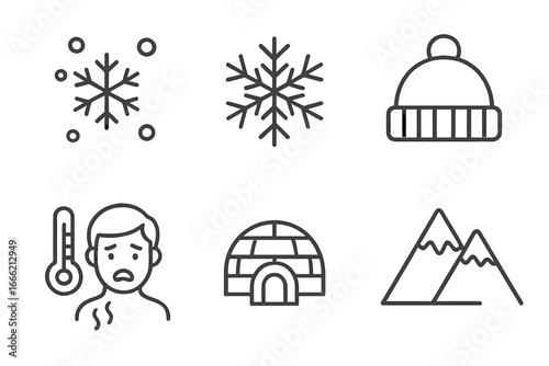 Winter symbols: snowflakes, hat, cold temperature, igloo, mountains