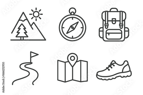 Outdoor adventure icons including compass, backpack, mountain, trail, map, and hiking shoe
