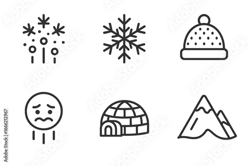 Winter icons: snowflakes, beanie, igloo, mountain, and cold emoji