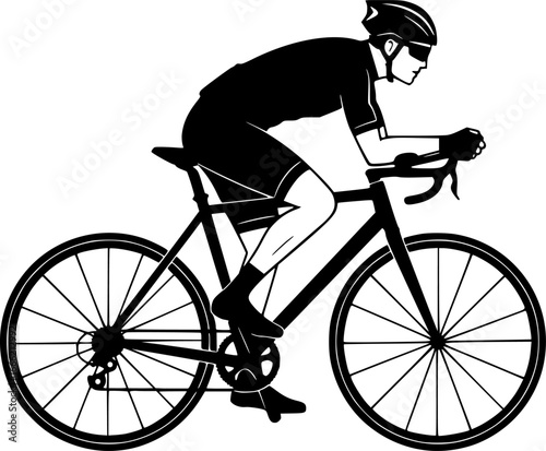A male cyclist silhouette in aggressive racing position on road bike with helmet and aerodynamic pose