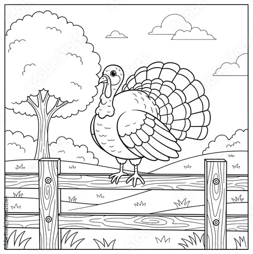 Bird coloring page illustration of a turkey standing on a wooden fence in a countryside field with tree grass and clouds drawn in clean vector outline style for coloring