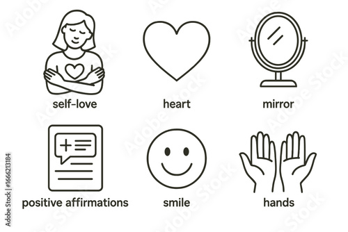 Self-love symbols: heart, mirror, positive affirmations, smile, hands illustration