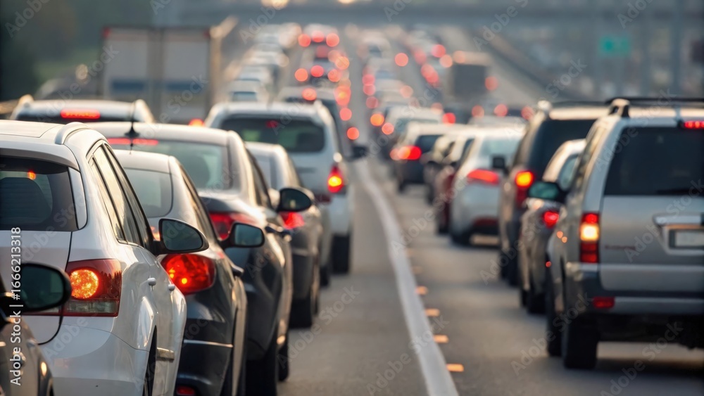 Fototapeta premium Vehicles tightly packed on highway — close view showing crowded lanes and brake lights