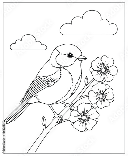 Schilderij op canvas Bird coloring page illustration of a songbird perched on a blooming branch with