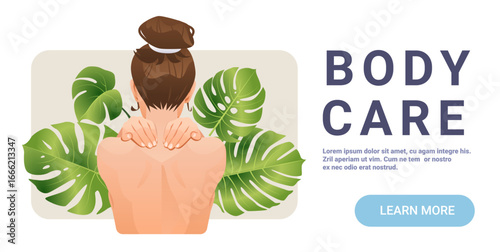 Body care wellness woman back massage spa tropical leaves relaxing scene web banner template