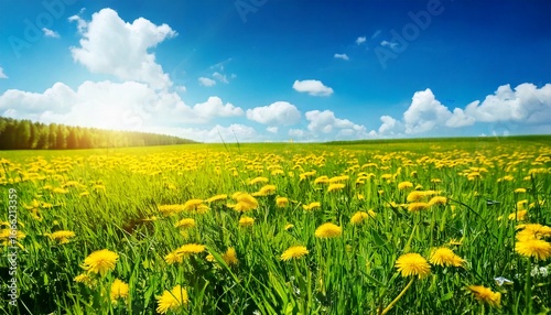 Beautiful meadow field with fresh grass and yellow dandelion flowers in nature against a blu.jpg