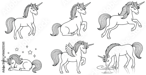 Unicorn coloring page illustration set featuring six cute unicorns in different poses including flying sitting sleeping and drinking created in vector outline