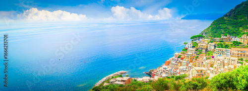 Riomaggiore picturesque town of Cinque Terre, Italy, web banner wide panorama