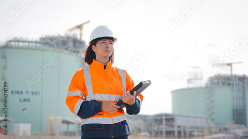 A safety-oriented professional observes operations at an LNG facility. She wears a helmet and an orange high-visibility jacket, holding a tablet in a busy industrial setting