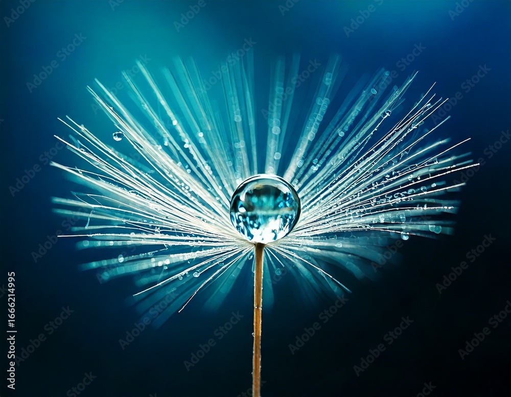 Obraz premium Beautiful shiny dew water drop on dandelion seed in nature macro. Soft selective focus, spar.jpg