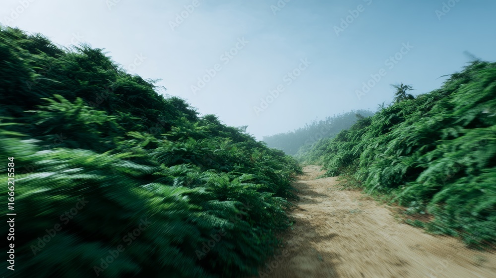 Fototapeta premium Mystical fern-laden path winds through foggy forest, evoking Celtic Samhain reverie and elusive woodland sprite tales