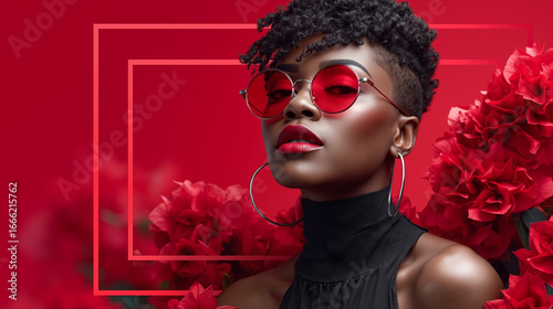 A woman wearing red sunglasses and a black top with red flowers