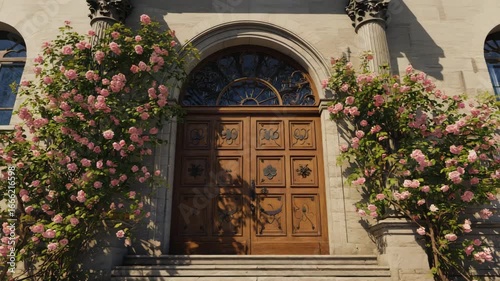 Beautiful entrance adorned with blooming roses at a historic building in the afternoon light