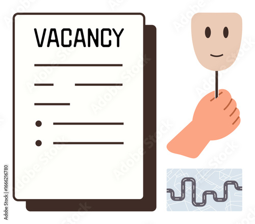 Vacancy document, hand holding mask representing duality or presentation, roadmap signifying career pathways. Ideal for recruitment, self-presentation, career choices, navigation, opportunities