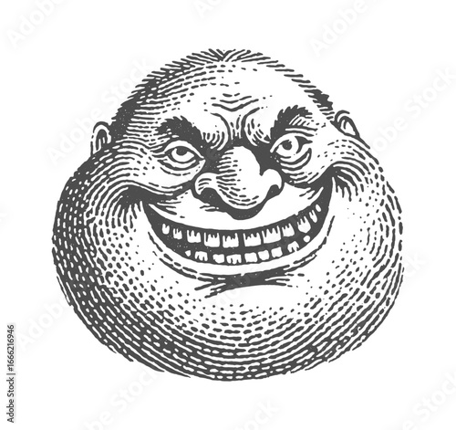 The illustration features a creepy face of evil greedy person. Vintage rough woodcut engraving vector illustration.
