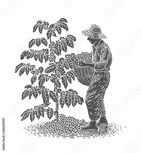 A farmer in the field harvesting coffee beans from a tree with a basket. Vintage rough woodcut engraving vector illustration.