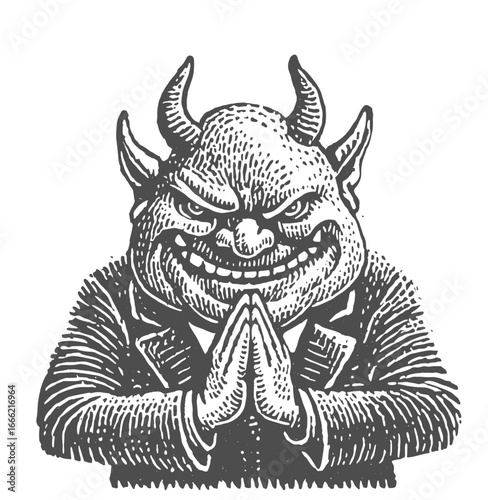 A detailed illustration of a devil with a sinister grin and clasped hands. Vintage rough woodcut engraving vector illustration.