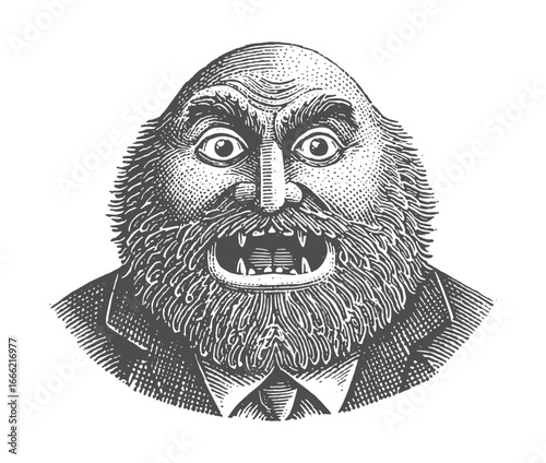 A frightening illustration of a monster-like face with a wide, sharp-toothed grin. Vintage rough woodcut engraving vector illustration.