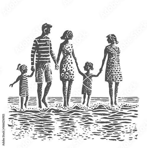 Family enjoys a summer day at the beach, holding hands and walking in the sea. Vintage rough woodcut engraving vector illustration.