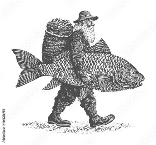 A vintage illustration depicts a fisherman carrying a huge fish on his shoulders. Vintage rough woodcut engraving vector illustration.