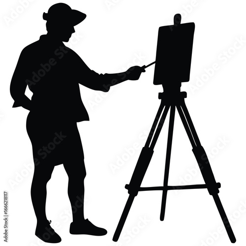 Artist painting on canvas silhouette vector illustration.
