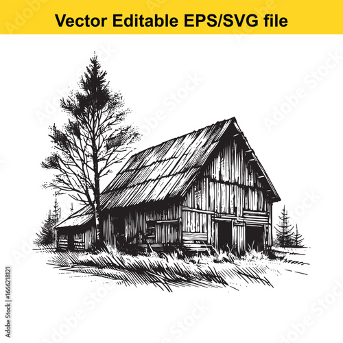 Rustic wooden barn with a tall pine tree in a rural countryside landscape