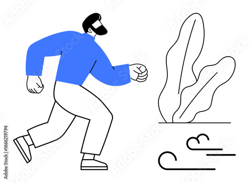 Bearded man in blue shirt walking forward with determination beside minimal plants and wind lines. Ideal for persistence, journey, resilience, nature, simplicity, moving forward, endurance. Flat