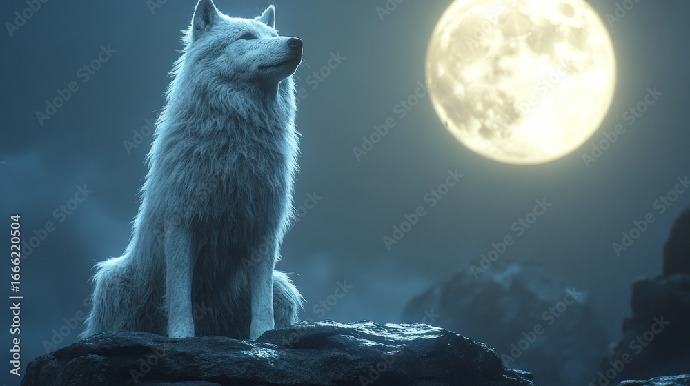 Obraz premium White wolf on moonlit mountaintop