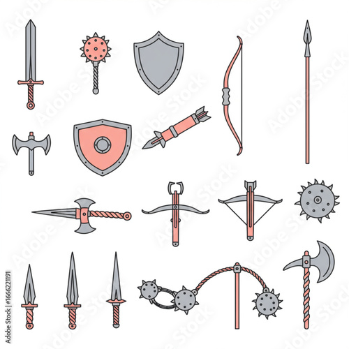 Collection of medieval weapons: swords, axes, bows, shields, maces, spears, crossbows and daggers.