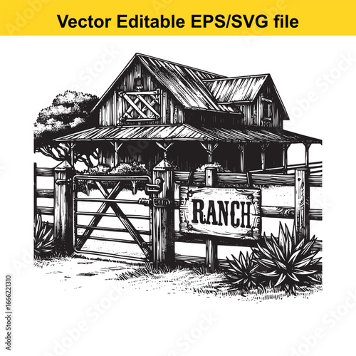 Rustic ranch house with wooden gate and sign, vintage western style illustration