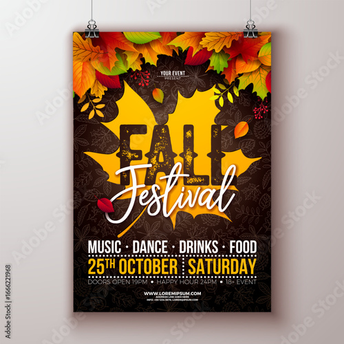 Autumn Fall Festival Party Flyer Illustration with Falling Leaves and Typography Lettering on Hand Drawn Doodle Background. Vector Colorful Autumnal Design for Celebration Flyer, Banner, Invitation or