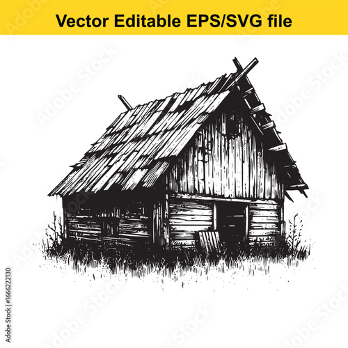 Rustic wooden cabin in disrepair, isolated on a white background