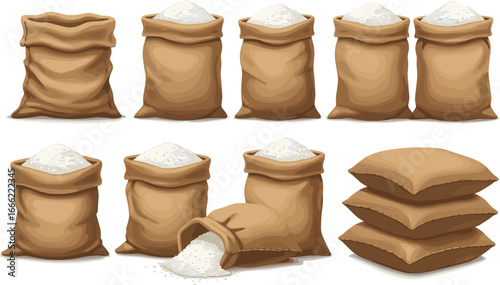 Brown rice sacks, full and empty burlap bags, grain storage, realistic 3D illustration, agriculture concept, isolated on white background