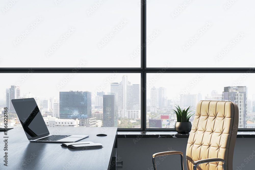 Fototapeta premium Modern corporate office workspace with laptop on desk, beige chair, city view from window, and minimalist contemporary interior design. 3D Rendering
