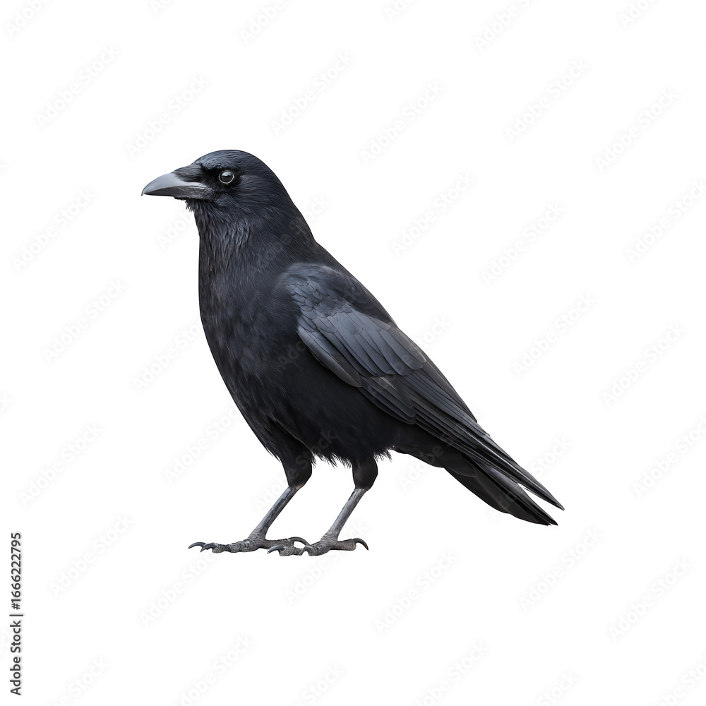 Obraz premium A black crow perched gracefully, showcasing its glossy feathers and sharp beak 