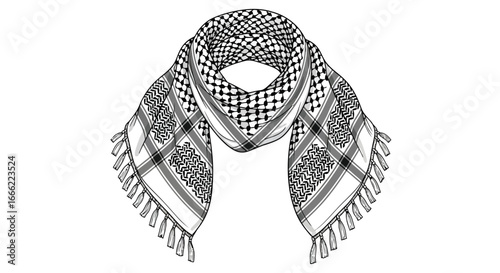 Vector illustration of traditional keffiyeh scarf with checkered pattern and tassels