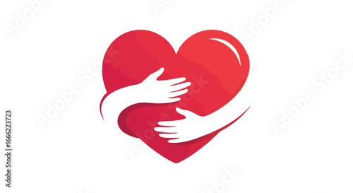 Vector illustration of red heart with white hands hugging it