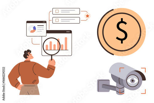 Man examining charts and analytics, coin with dollar sign symbolizing finance, and surveillance camera for monitoring. Ideal for business, analysis, data, finance, security, strategy management