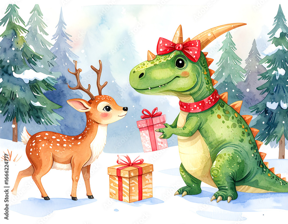 Fototapeta premium Festive iguanodon delights in gift exchange with a cheerful deer in a winter wonderland